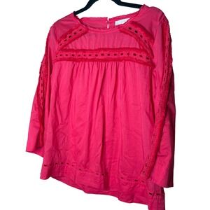 Ann Taylor LOFT Pink Eyelet Fringe Trim Blouse Womens Sz Medium Boho Top